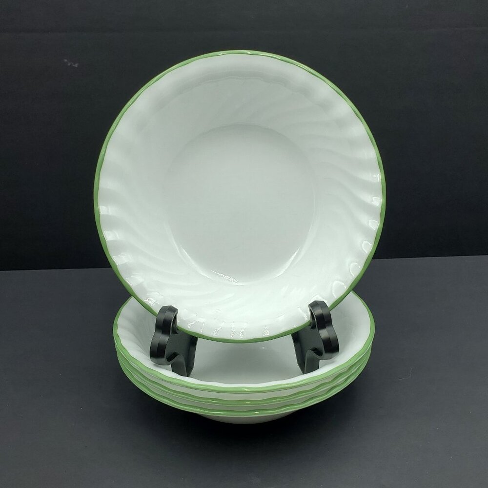 Corelle Chutney Soup Cereal Salad Bowls Corning White Swirl Bowls Green Bands
